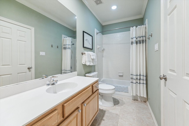 bathroom with tile patterned flooring, toilet, visible vents, vanity, and crown molding