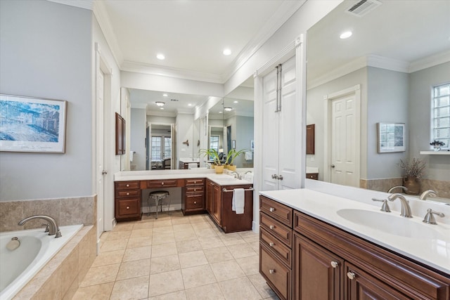 full bathroom featuring tile patterned flooring, visible vents, a sink, and ornamental molding