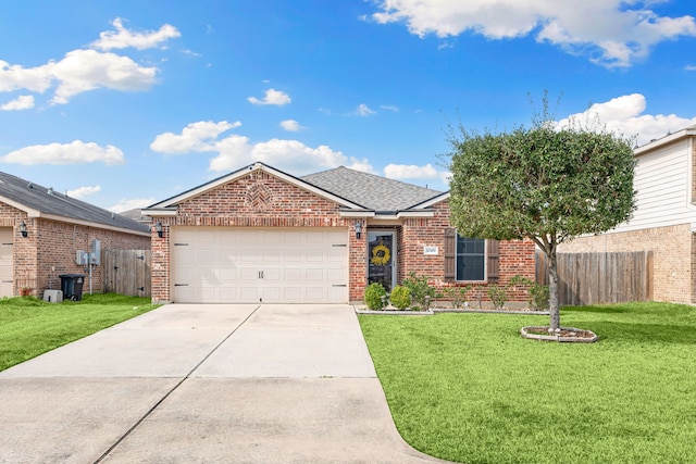 ranch-style home featuring a garage and a front lawn