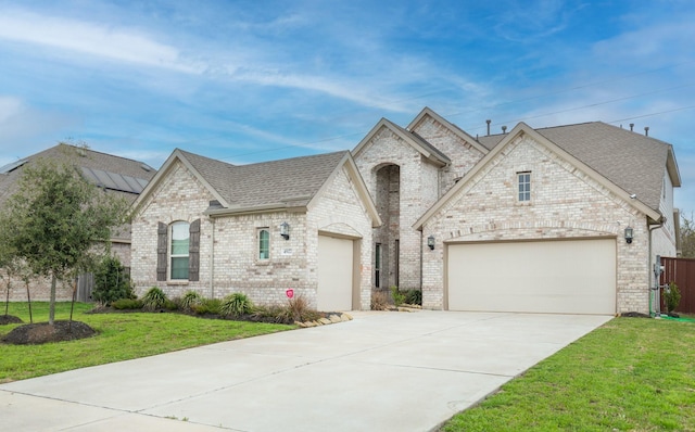 french country inspired facade with a front lawn and a garage