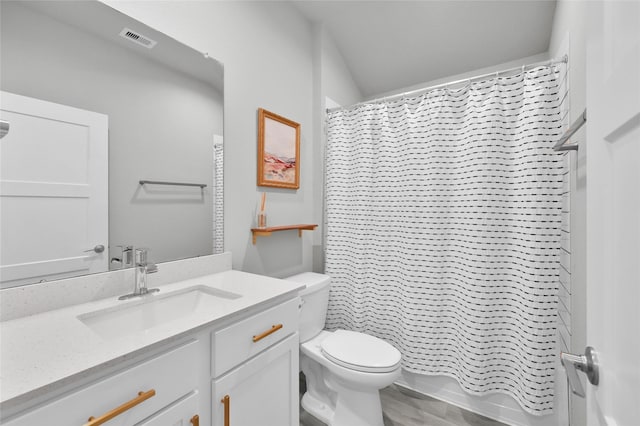 bathroom featuring vanity, toilet, and a shower with shower curtain