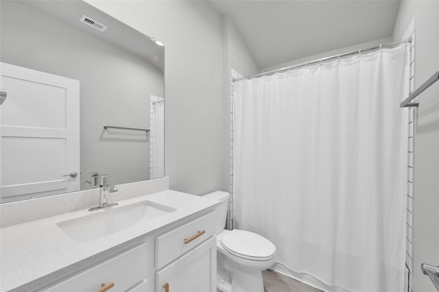 bathroom featuring vanity, curtained shower, and toilet