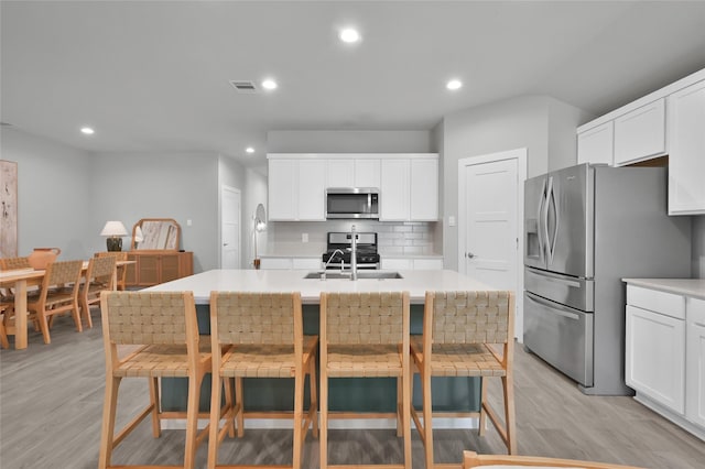 kitchen featuring sink, a center island with sink, white cabinets, and appliances with stainless steel finishes