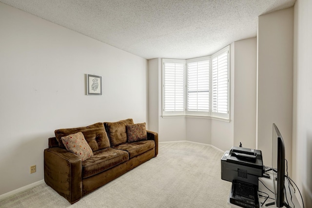 carpeted living room with a textured ceiling