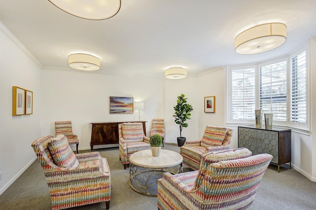 carpeted living room featuring crown molding