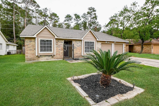 ranch-style house featuring a garage, driveway, a shingled roof, and a front yard