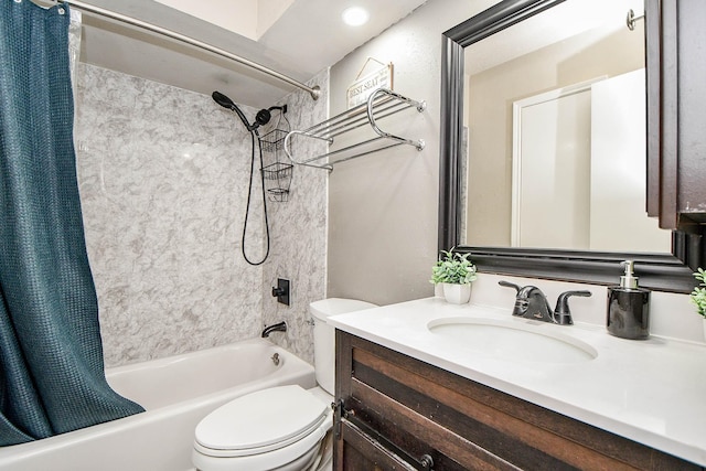 bathroom with shower / bath combination with curtain, vanity, and toilet