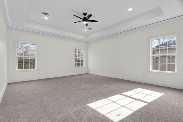 carpeted spare room featuring a raised ceiling and ceiling fan