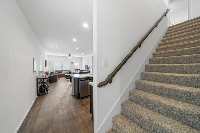 stairs with hardwood / wood-style flooring and ceiling fan