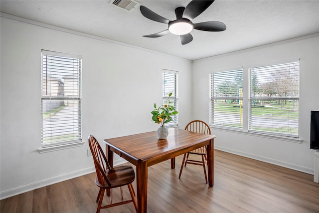 dining room with a textured ceiling, ornamental molding, ceiling fan, and light wood-type flooring