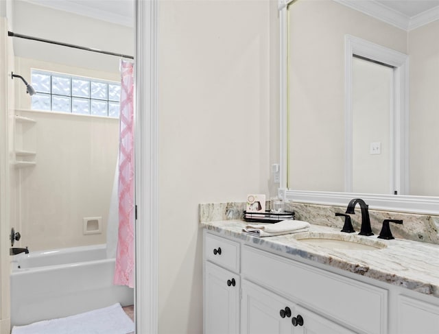 bathroom featuring vanity, shower / tub combo, and crown molding