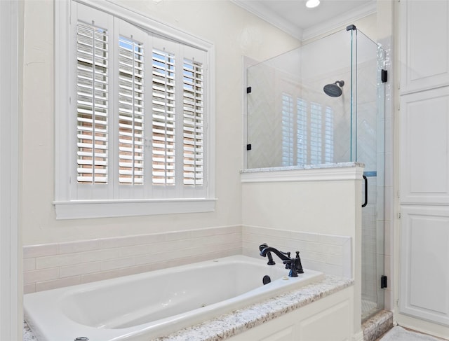 bathroom with plus walk in shower and ornamental molding