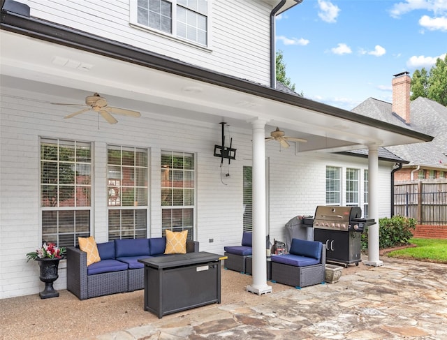 view of patio featuring grilling area, outdoor lounge area, and ceiling fan