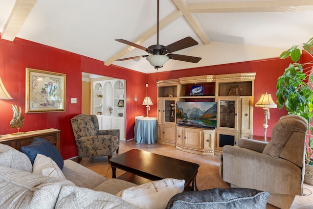 living room featuring vaulted ceiling with beams and a ceiling fan