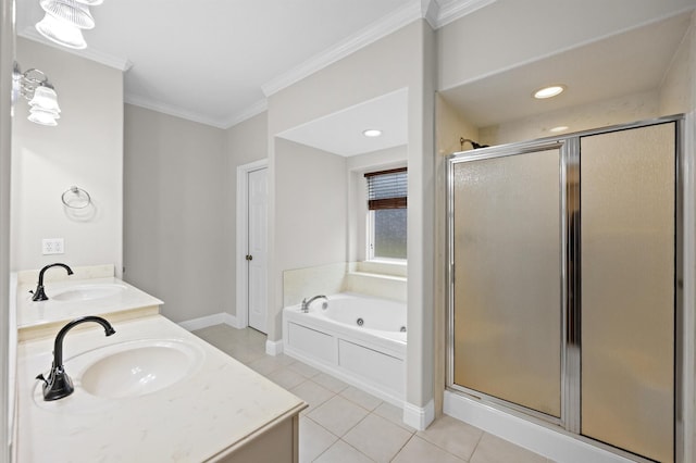 bathroom with vanity, tile patterned flooring, ornamental molding, and shower with separate bathtub