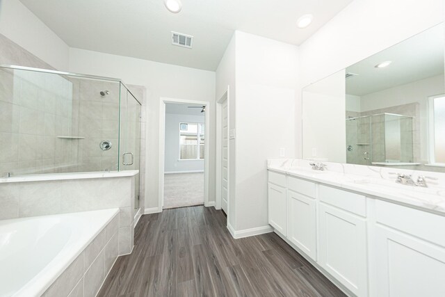 3013 Plains Cir, Brookshire, TX 77423 - bathroom with visible vents, a stall shower, a garden tub, and a sink