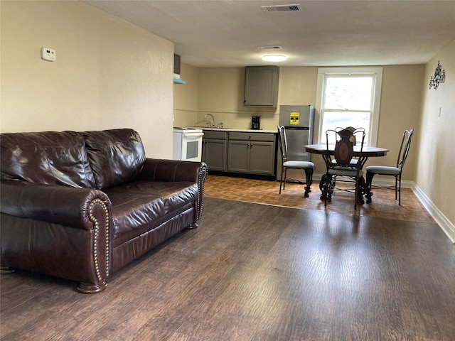 living room featuring dark wood-type flooring and sink