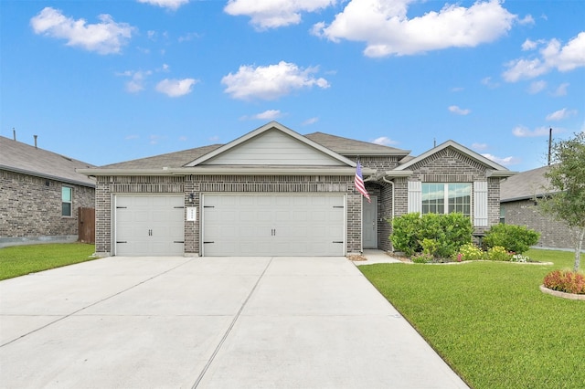 ranch-style house with a garage and a front lawn