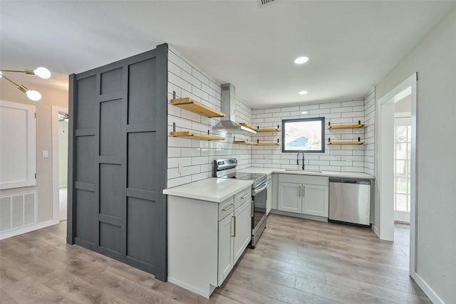 kitchen featuring sink, stainless steel appliances, ventilation hood, white cabinets, and decorative backsplash