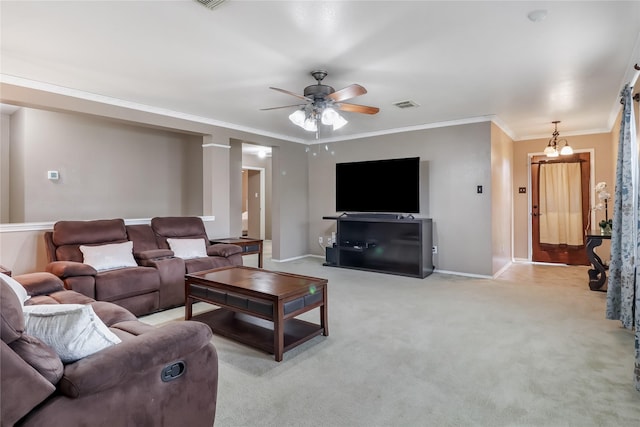 living room with light carpet, crown molding, and ceiling fan