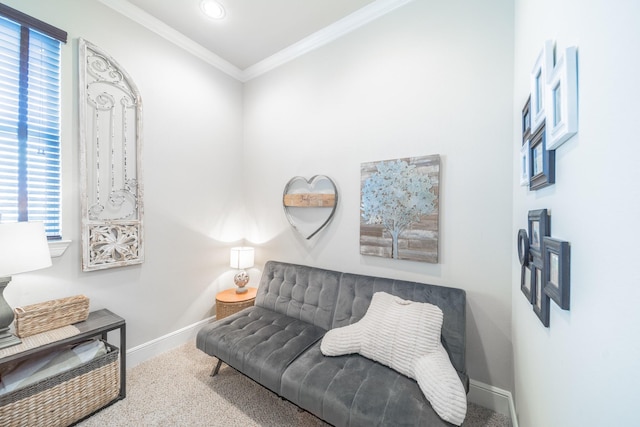 carpeted living room with crown molding