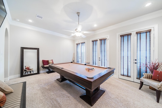 game room featuring pool table, ornamental molding, light colored carpet, and french doors