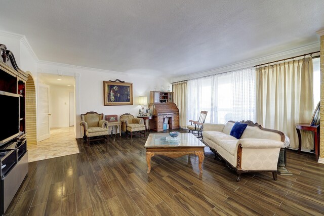 49 Briar Hollow Ln Unit 302, Houston, TX 77027 - living room with crown molding and dark wood-type flooring