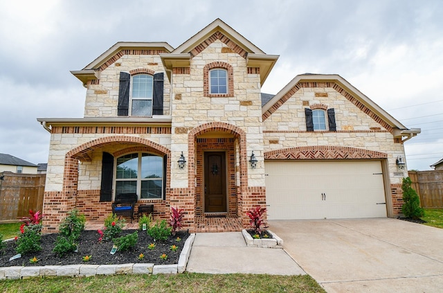 french country inspired facade featuring a garage, brick siding, driveway, and fence