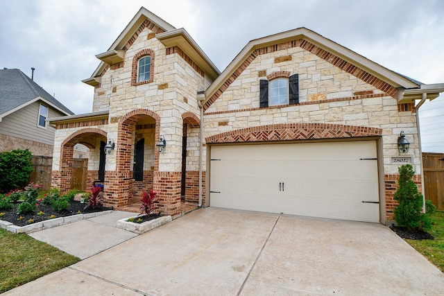 french country inspired facade with driveway, stone siding, a garage, and brick siding