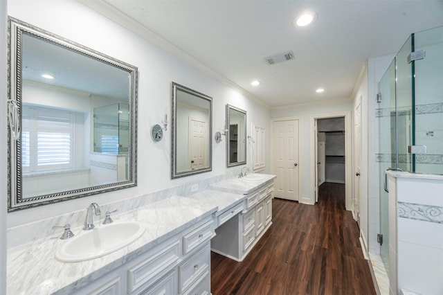 full bathroom featuring a walk in closet, a sink, a shower stall, and double vanity