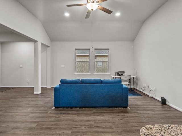 unfurnished living room featuring recessed lighting, a ceiling fan, lofted ceiling, and wood finished floors