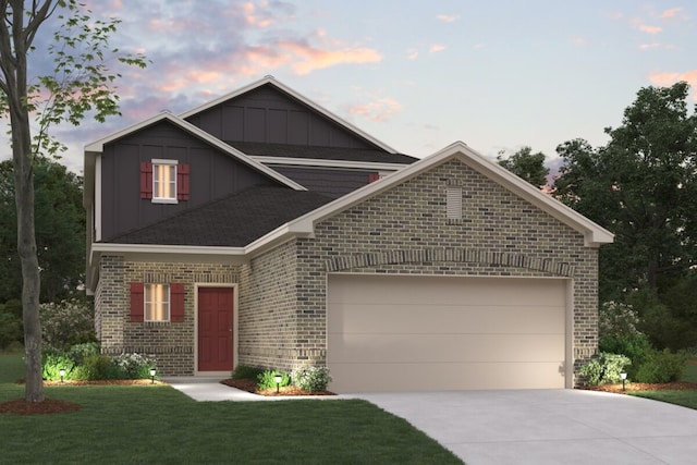 view of front of home with driveway, a garage, board and batten siding, and brick siding