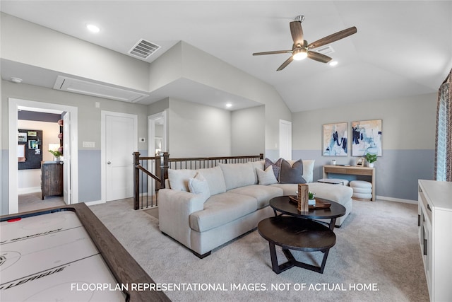 carpeted living room with lofted ceiling and ceiling fan