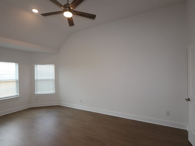 134 Spring Rose Dr, Magnolia, TX 77354 - unfurnished room featuring dark wood-style floors, ceiling fan, lofted ceiling, and recessed lighting