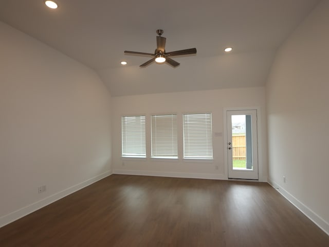 134 Spring Rose Dr, Magnolia, TX 77354 - empty room with a ceiling fan, lofted ceiling, dark wood-style flooring, and recessed lighting
