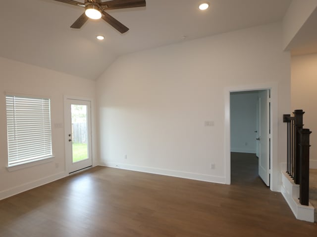 134 Spring Rose Dr, Magnolia, TX 77354 - spare room featuring dark wood-style flooring, ceiling fan, recessed lighting, and vaulted ceiling