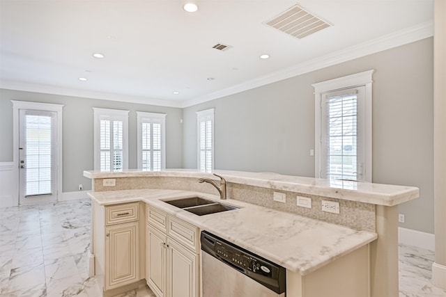 kitchen with sink, a kitchen island with sink, stainless steel dishwasher, and light stone counters
