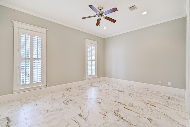 unfurnished room with ceiling fan, crown molding, and a healthy amount of sunlight