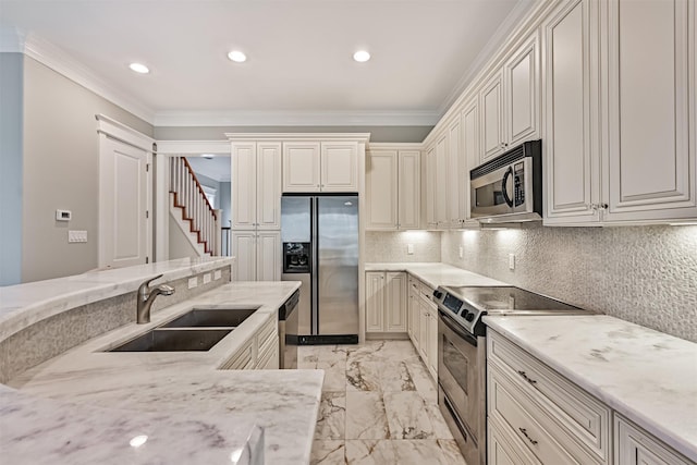 kitchen with sink, crown molding, appliances with stainless steel finishes, light stone countertops, and decorative backsplash