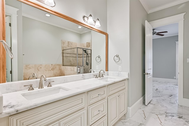 bathroom with vanity, ornamental molding, ceiling fan, and walk in shower