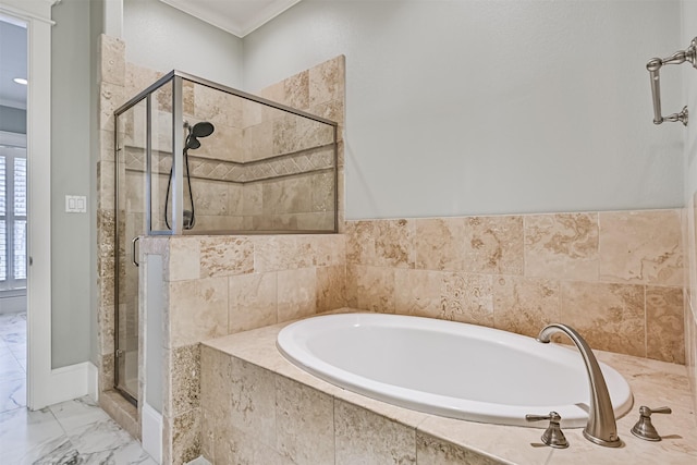 bathroom featuring crown molding and plus walk in shower