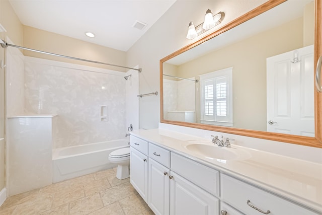 full bathroom featuring bathtub / shower combination, vanity, and toilet