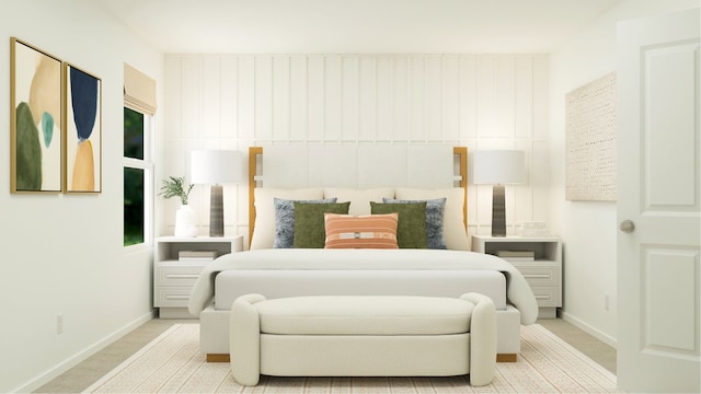 bedroom featuring light colored carpet