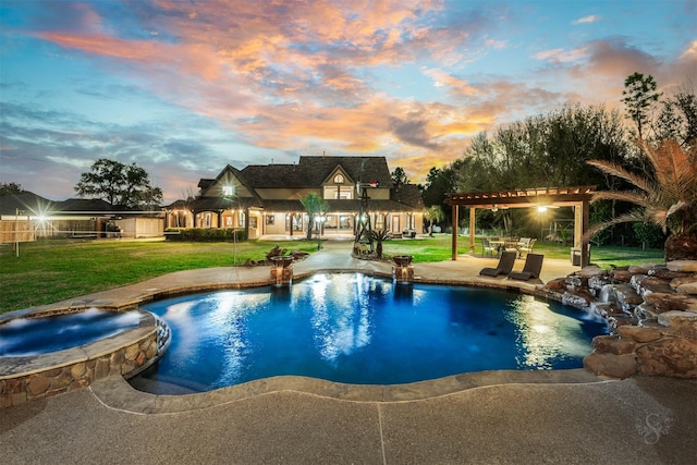 pool at dusk with a yard, a pergola, and a patio area