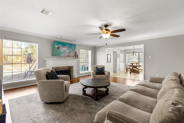 living room with wood-type flooring, a healthy amount of sunlight, and ornamental molding