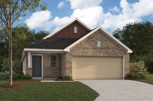 view of front of property featuring driveway, an attached garage, a front lawn, board and batten siding, and brick siding