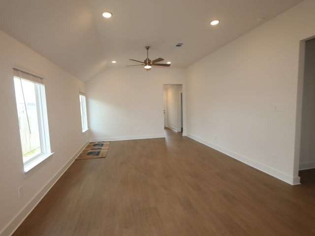 740 Autumn Cherry Trl, Magnolia, TX 77354 - unfurnished room featuring recessed lighting, ceiling fan, dark wood-type flooring, baseboards, and vaulted ceiling
