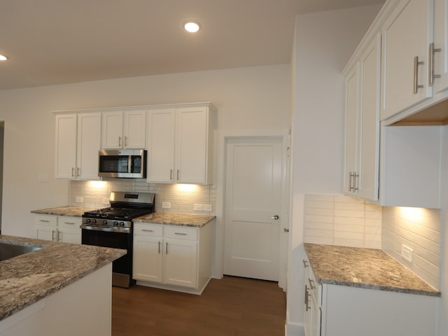 740 Autumn Cherry Trl, Magnolia, TX 77354 - kitchen with stainless steel appliances, dark wood finished floors, tasteful backsplash, light stone countertops, and recessed lighting
