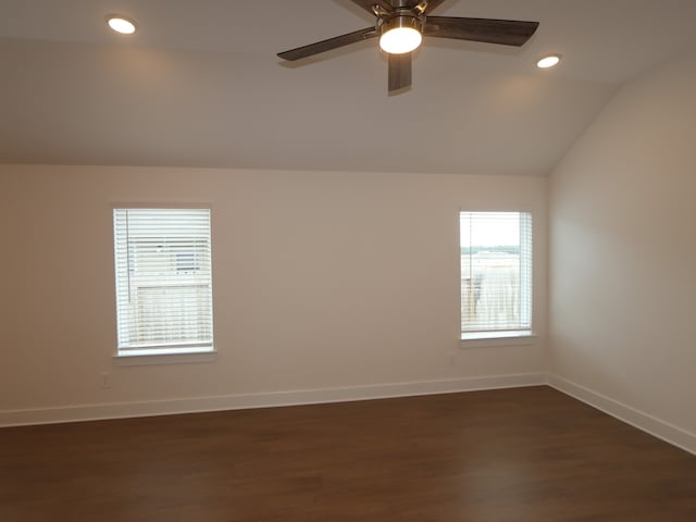 740 Autumn Cherry Trl, Magnolia, TX 77354 - spare room featuring a ceiling fan, dark wood finished floors, vaulted ceiling, and recessed lighting