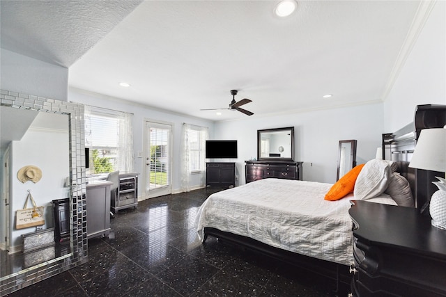 bedroom with access to outside, ornamental molding, and ceiling fan